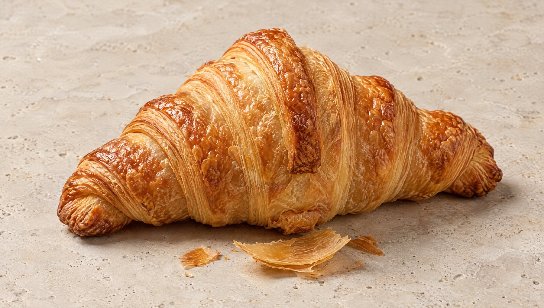Croissant recién horneado con hojuelas sobre la piedra